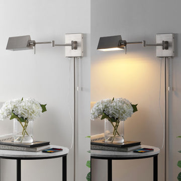 Arlo Farmhouse Industrial Single Swing Arm Plug-In or Hardwired Iron LED Wall Sconce with Pull-Chain
